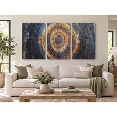Triptych Canvas Wall Art – Tree Ring Wood Print, 3-Panel Painting Reproduction