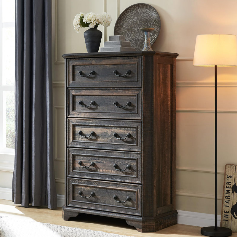 Commode 5 tiroirs Harbison, Chêne rustique foncé