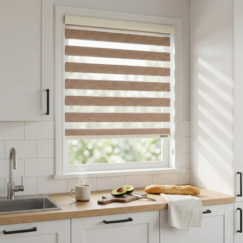 Store zébré Shadesu pour fenêtres, l 70 po x H 72 po, brun, abat-jour zèbre à double couche sans arrêt, contrôle de la lumière pour le jour et la nuit, stores transparents pour fenêtres d'intérieur, chambre à coucher, cuisine