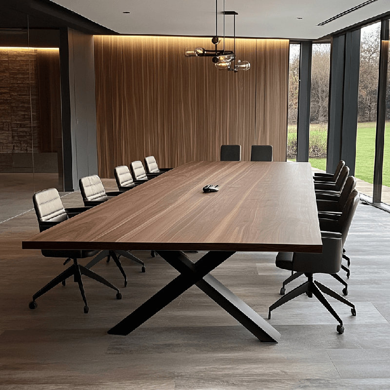 Solid Walnut Boardroom Conference Table with Pop-Up Power Socket - Chunky X Legs, 76cm H x 220cm W x 80cm D