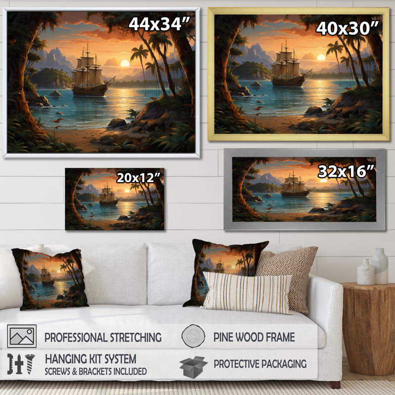 Pirate Boat Lost Isles On Canvas Print, 16" H x 32" W x 1" D, Black Floater Framed