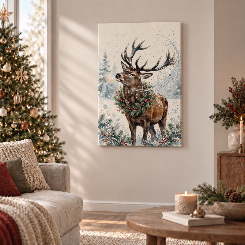 Cerf avec une couronne de pin dans une forêt d'hiver enneigée, art mural sur toile, H 30 po x l 20 po