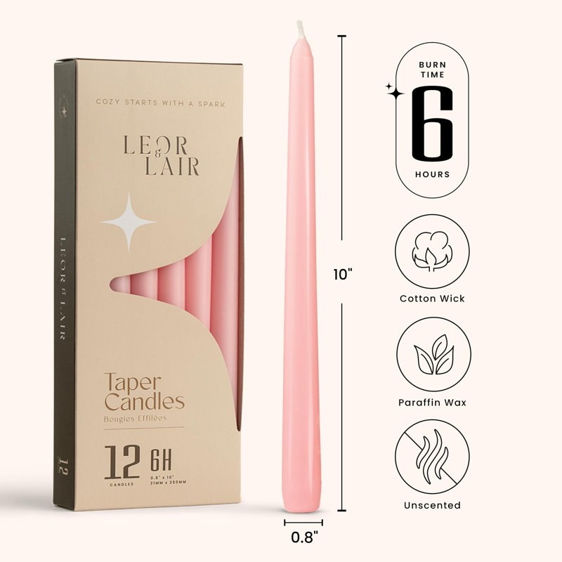 Bougies coniques rose pâle - Lot de 12, 25 cm, sans parfum, Rose clair
