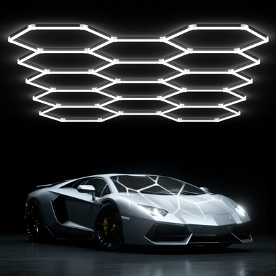 Modern Hexagon LED Ceiling Light with 14 Girds, DIY Honeycomb Design for Garage, Studio, Gym or Game Room