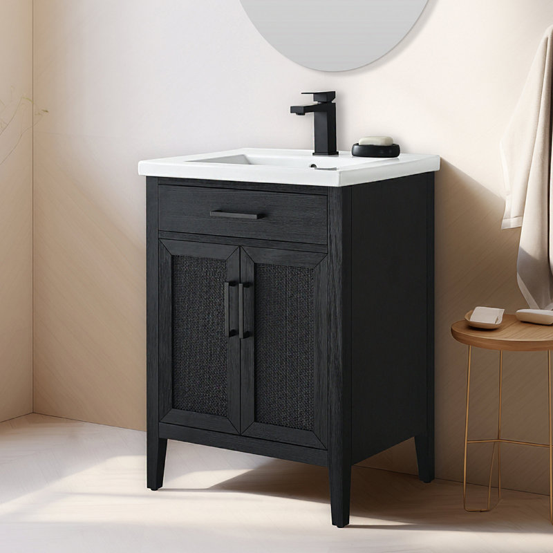 Sebastiano 24'' Single Bathroom Vanity with Ceramic Top, Black Oak/Matte Black