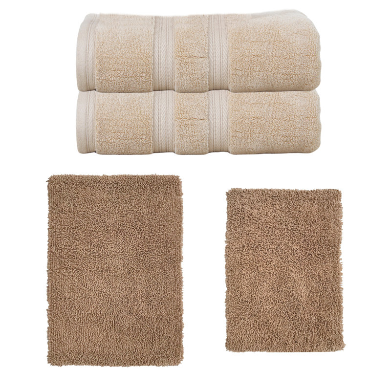 Bruno Collection 100% Soft Cotton 2 Pc Bath Towel Set & 2 Pc Bath Rug Set, (Set of 4), Linen