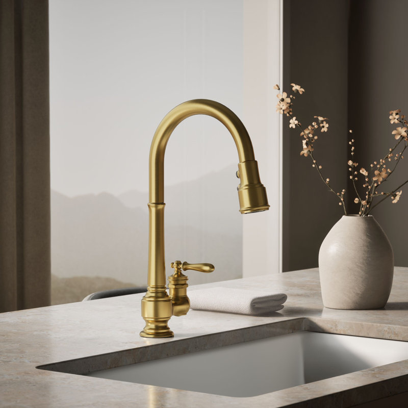 Artifacts Pull Down Bar Faucet, Vibrant Brushed Moderne Brass