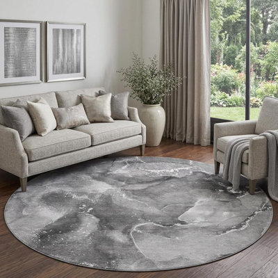 8' Gray And Ivory Abstract Washable Round Rug With UV Protection