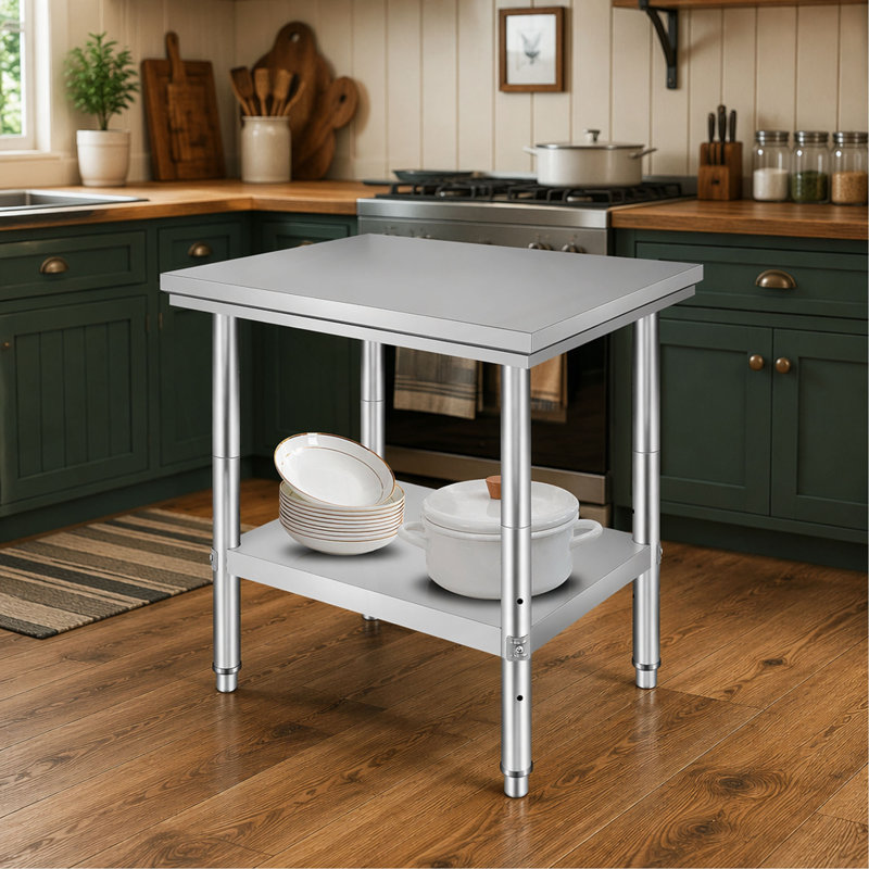Table de préparation en acier inoxydable, 24 x 30 x 31 pouces, capacité de charge de 700 lb, table de travail en métal robuste avec 3 niveaux de hauteur réglables, poste de travail commercial pour le garage de la cuisine