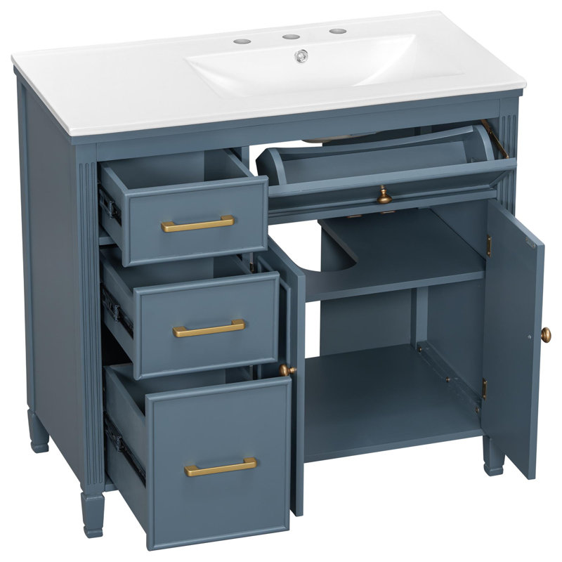 Meuble-lavabo de 36 po avec lavabo en céramique, portes à fermeture douce, 4 tiroirs et tablettes réglables, Bleu gris