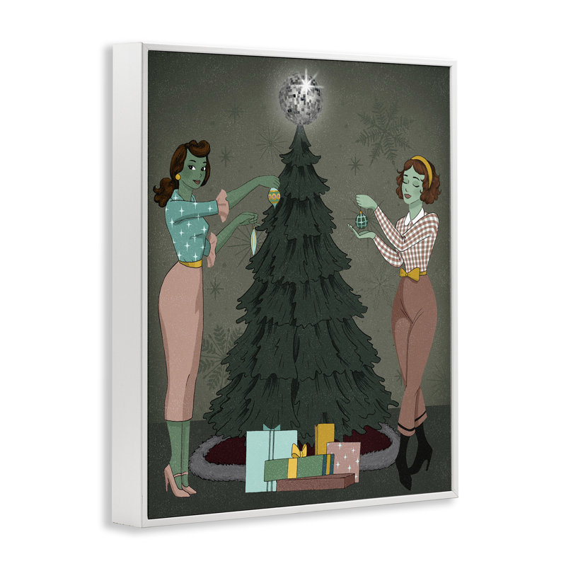 Filles et arbre de Noël, estampe numérique par Grace Popp, Estampe numérique encadrée blanc bord de mer, H 14 po x l 11 po