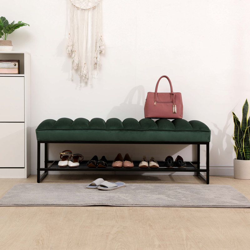 Banc capitonné avec tablette en métal et banc en métal Sherpa, Vert