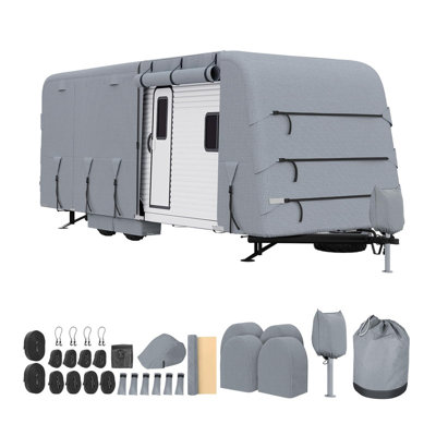 4-Layer Camper Cover for Travel Trailer – Breathable, Tear-Resistant, with Tire Covers, Storage Bag & Windproof Straps