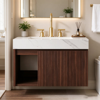 Meuble-lavabo flottant de 30 pouces avec plateau en pierre frittée crème, cuve en céramique et trois trous de robinet pré-percés