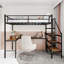 Lit mezzanine avec bureau intégré en forme de L, grands compartiments de rangement, structure robuste avec escalier, garde-corps continu pour une utilisation peu encombrante et silencieuse-417129316