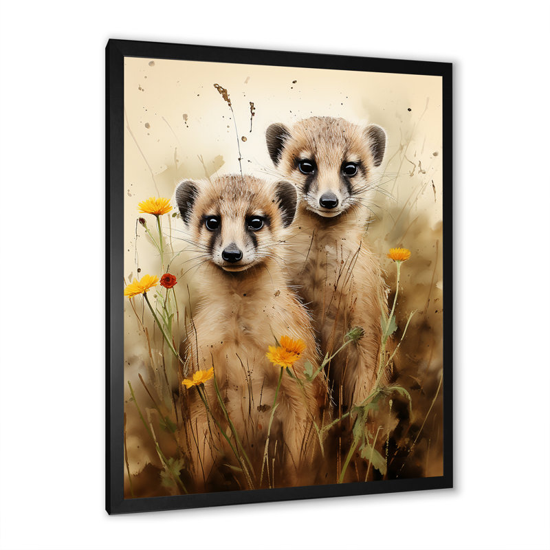 «Otters Meadow Blooms Playtime - Marine Art», art mural, Cadre simple noir, H 20 po x l 12 po x P 1 po