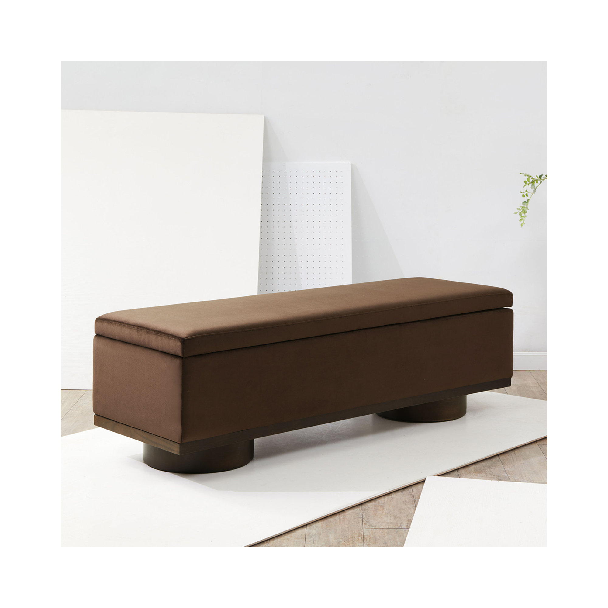 Morje Storage Bench, Dark Brown Velvet, Walnut
