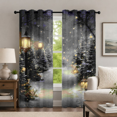 2Pcs Christmas Snowy Forest Curtains, Winter Night Street Lamp Scene Window Drape, Holiday Atmosphere Printed Grommet Drapes, Window Treatment for Bedroom Living Room Decor