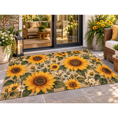 5' x 7' Outdoor Area Rug Sunflower Botanical Heavyweight Waterproof PVC Coil Loop Carpet, Heavy Duty Patio Rug, Quick Dry Indoor Outdoor Mat for Backyard Sliding Door
