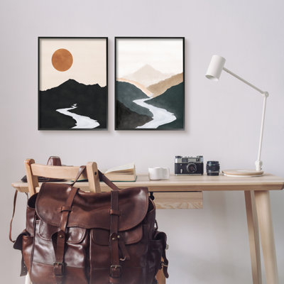 «River Flowing into Distance Mountain Sun Landscape» par JJ Design House LLC - Ensemble de 2 peintures sur toile à cadre flottant