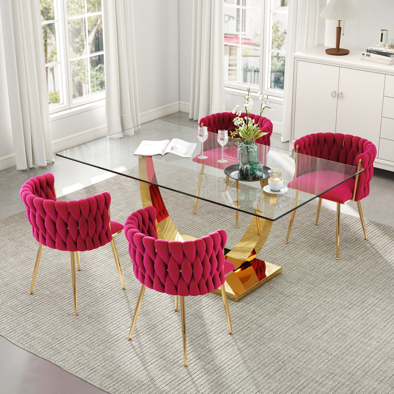 Ensemble de salle à manger rectangulaire à piédestal avec chaise tissée, Rose rouge, Doré