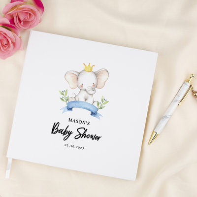 Livre d'or personnalisé pour fête de naissance avec accents dorés, nom personnalisé de bébé éléphant, date, livre d'invités blanc dans le registre 120 pages 8,5 x 8,5 livres de souvenirs