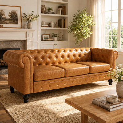 Traditional American Breathable PU Leather Lounger: 3-Seater Sofa Hand-Tufted Statement Couch with Art-Deco Gourd Solid Wood Pillars