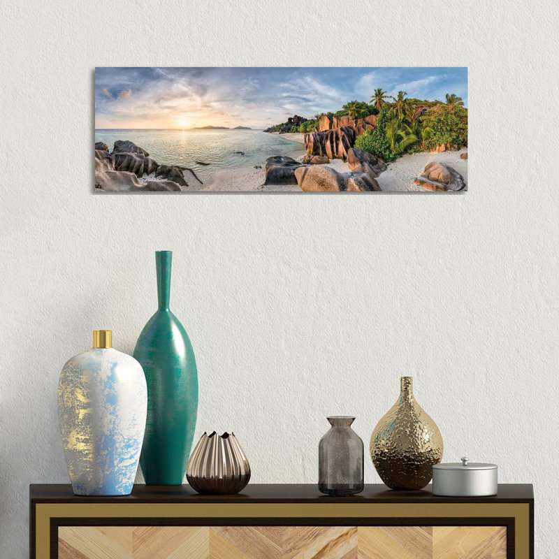 Panoramic Sunset View At Anse Source D'argent Beach, La Digue, Seychelles by Jan Becke - Wrapped Canvas Panoramic Print