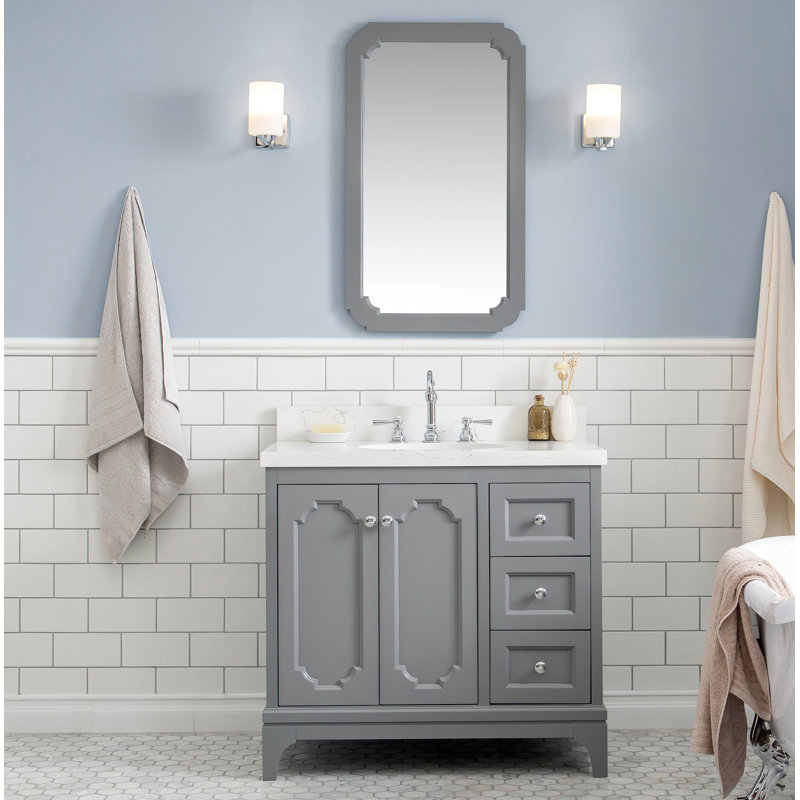 Queen 36" Sink Carrara Engineered Marble Countertop Bath Vanity with Mirror, Cashmere Gray