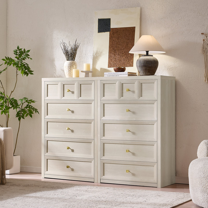 Commode 5 tiroirs Mid-Century 29,5 W (ensemble de 2), grande commode en bois, Beige
