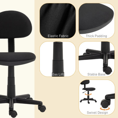 Petite chaise de bureau sans accoudoirs avec hauteur réglable sur roulettes pivotantes à 360 ° à dossier bas pour les petits espaces - noir