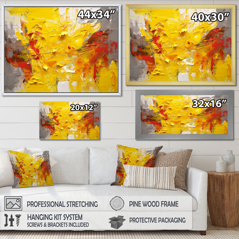 Joyeux chaos en jaune et gris - Collages abstraits, salon d'art mural, H 24 po x l 32 po x P 1 po, Cadre simple noir