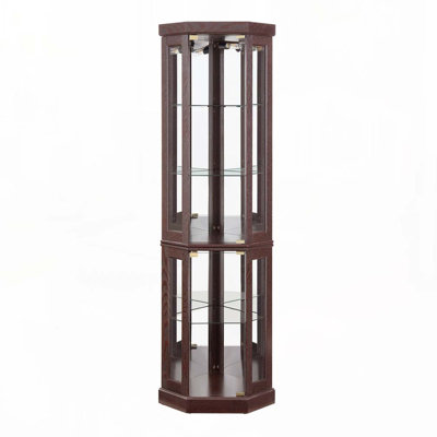 Corner Glass Cabinet Lighted Curio Cabinet Corner Display Case for Living Room, Curio Cabinet, Antique collection, Wine,Bar Glass Storage Light Included,Dark Cherry