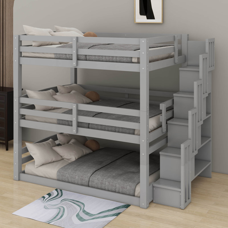 Lit superposé triple double avec escalier double, Gris