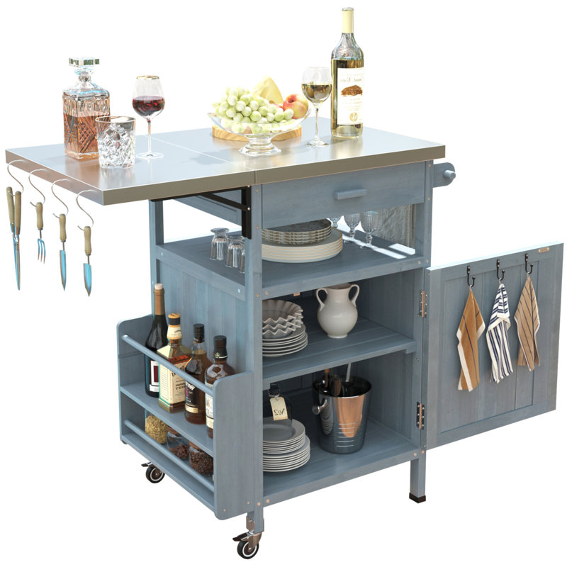 40.5" Outdoor Grill Cart With Stainless Steel Top, Solid Wood Outdoor Storage Cabinet With Drop Leaf, One Drawer, Towel Rack, Rolling Kitchen Cart With Lockable Wheels For Lawn Garden