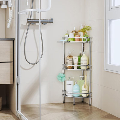 3-Tier Corner Shower Caddy Organizer With Soap Holder And Hooks, Rustproof Stainless Steel Bathroom Storage Shelves With Adjustable Feet And Adhesive Mounting