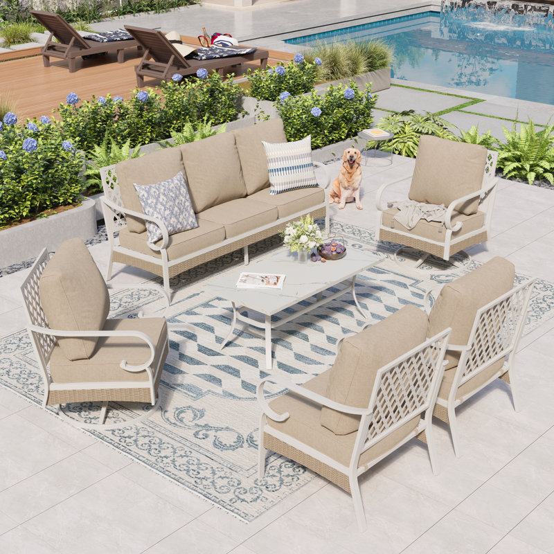 Tapasi 7 - Person Outdoor Patio Conversation Set with 2 Swivel Lounge Chairs, Beige