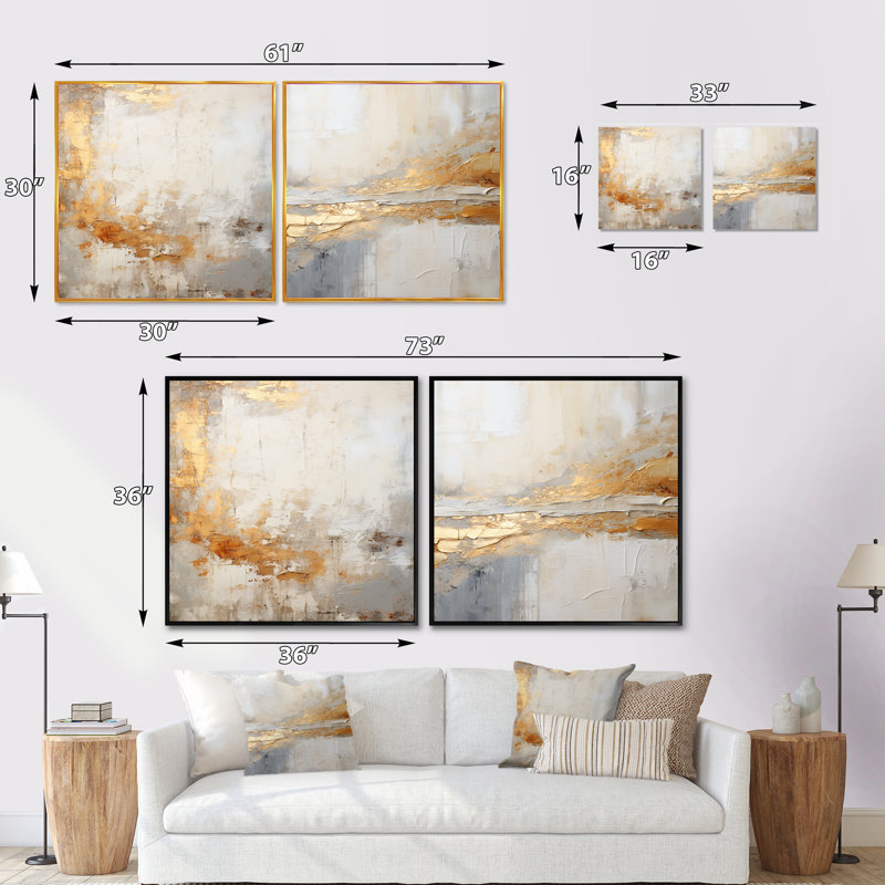Fusion abstraite dorée et beige - ensemble de 2 collages carrés abstraits, Cadre flottant doré, H 30 po x l 61 po