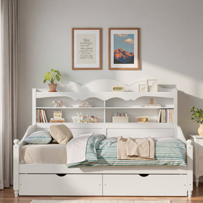 Wooden Daybed With 2 Storage Drawers And Storage Headboard Shelving