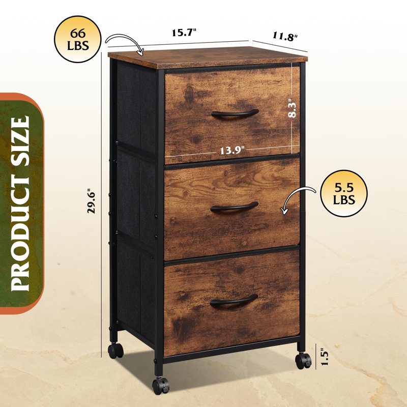 Dresser with 3 Drawers, Fabric Nightstand, Cabinet with Wheels, Organizer Storage Dresser for Bedroom, Office, Entryway, Closets, Sturdy Steel Frame, Wood Top, Easy Pull Handle