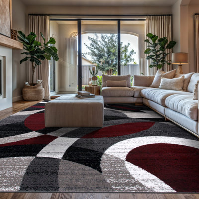 Archeveque Woven Abstract Burgundy/White/Black Area Rug - Modern Geometric Polypropylene Carpet for Living Room, Bedroom, or Hallway