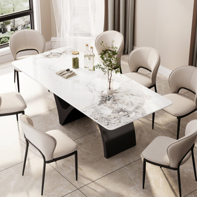 7-Piece Modern Dining Table Set, 71" Rectangular Faux Marble Dining Table With 6 Upholstered Chairs, Rectangular Table And Curved Back Chairs