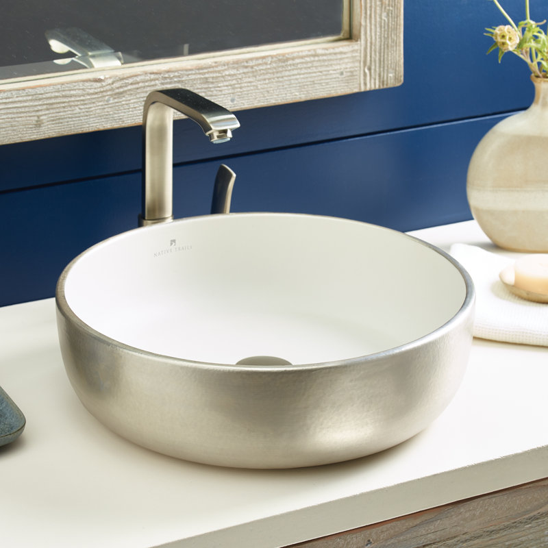 Bliss 16" Round Fireclay Vessel Bathroom Sink, Silver/White