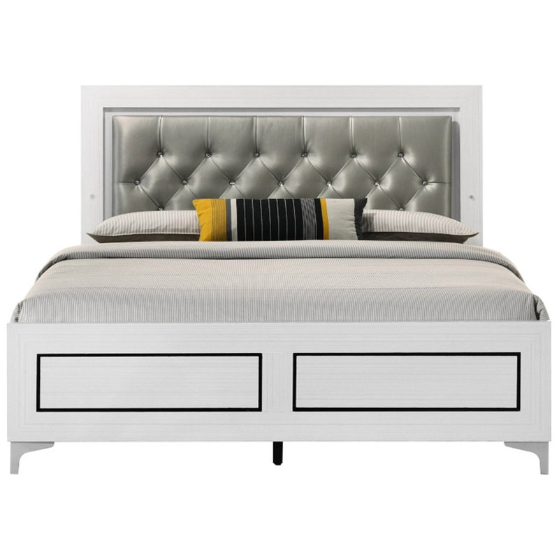 Cadre de lit contemporain très grand, finition blanche, revêtement en similicuir gris, tête de lit éclairée à DEL avec capitonnage à boutons, pieds en métal, finition de configuration de chambre à coucher, tête de lit d'unité centrale,