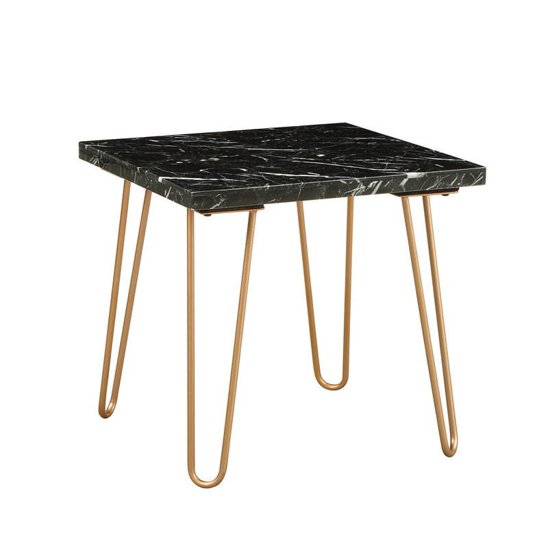 Table de bout carrée en marbre avec base en métal, Noir, Doré