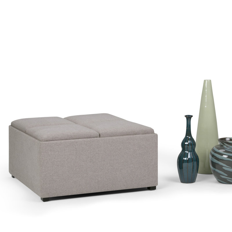 Avalon 35"W Upholstered Linen-Look Fabric Modern Square Coffee Table Storage Ottoman with 4 Flip-Over Trays, Cloud Gray