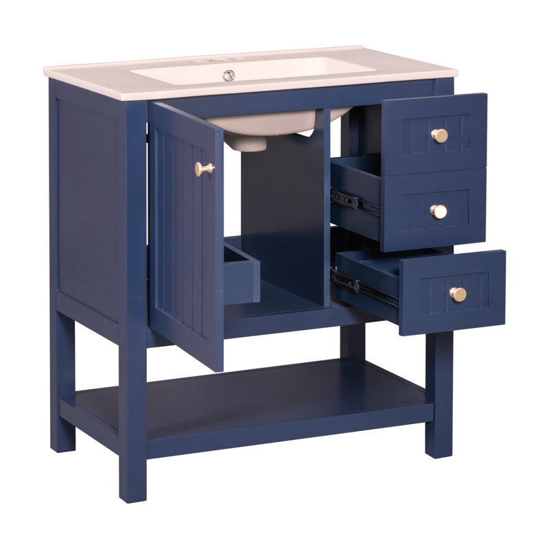 Meuble-lavabo de style transitionnel 30 po avec lavabo en céramique, Bleu
