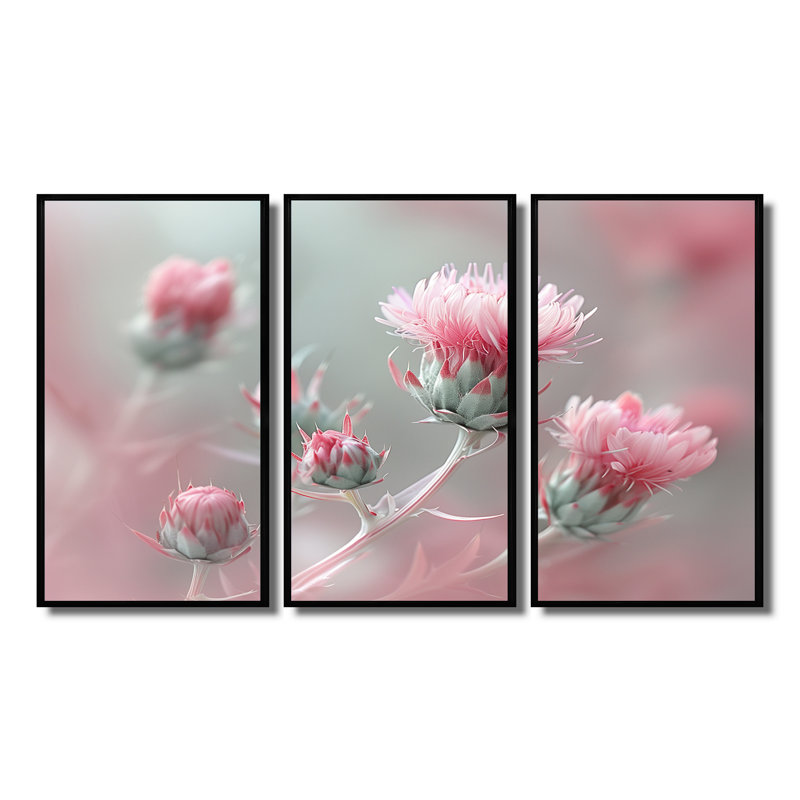 Monogramme rose gris chardon fragiles beauté - ensemble de reproduction d'art de chardon, H 28 po x l 36 po x P 1 po