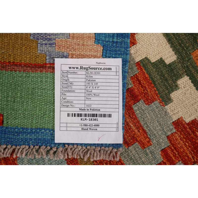 Geometric Handmade Flatweave Rectangle 4'9" x 6'4" Wool Area Rug in Red/Blue/Orange