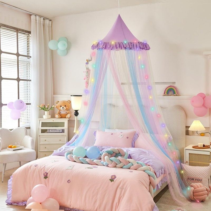 Rainbow Bed Canopy with Led Light Colorful Mesh Stitching Mosquito Net Princess Dome Mesh Bed Canopy